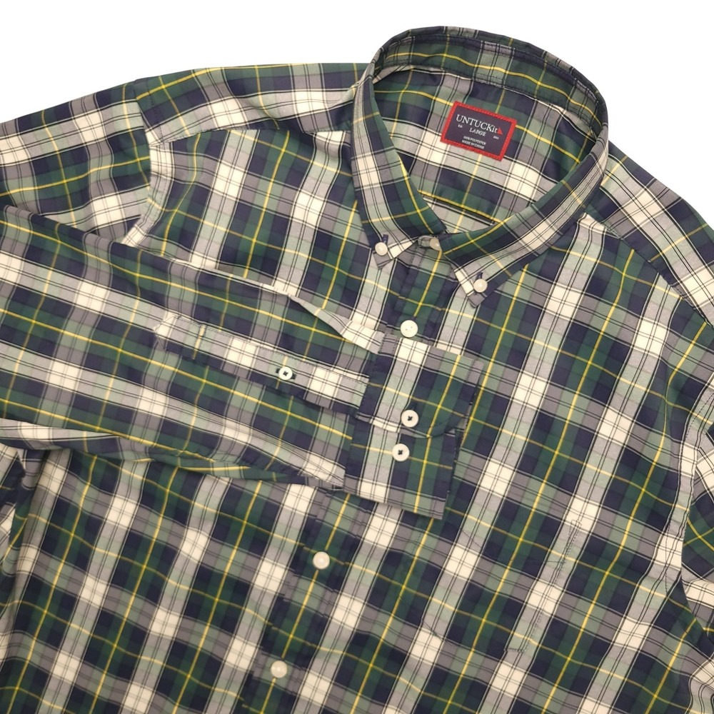 UNTUCKit Dole Shirt Mens L Green Plaid Long Sleeve Button Up Polyester Casual